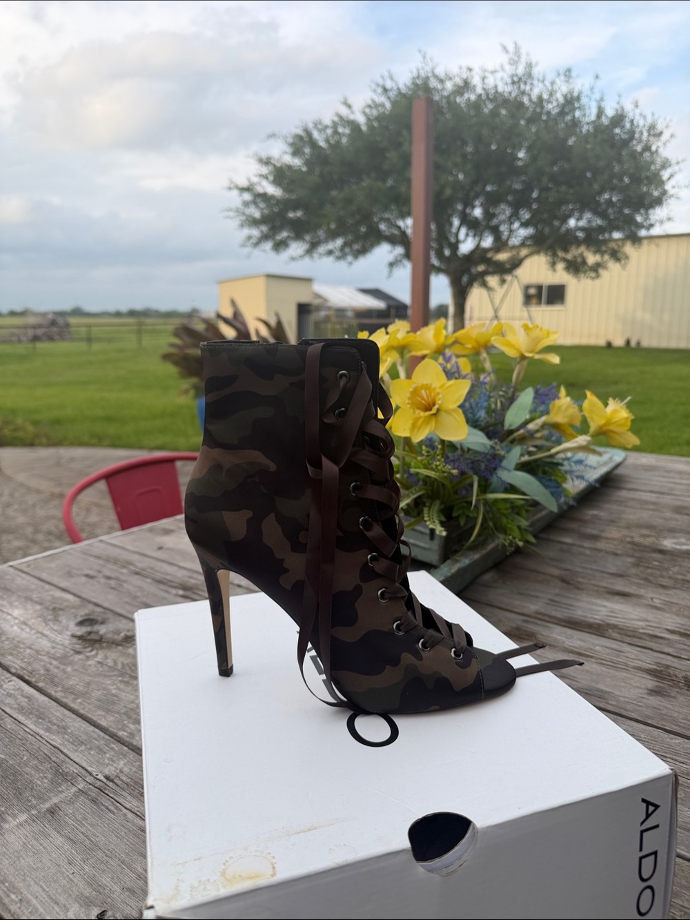 Aldo Camouflage Satin-Lace Stiletto Ankle Boot in Green and Brown